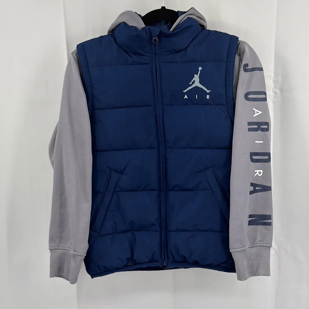 Air Jordan Jacket Boys Size M Jumpman Puffer Hooded Full Zip Pockets Blue Grey